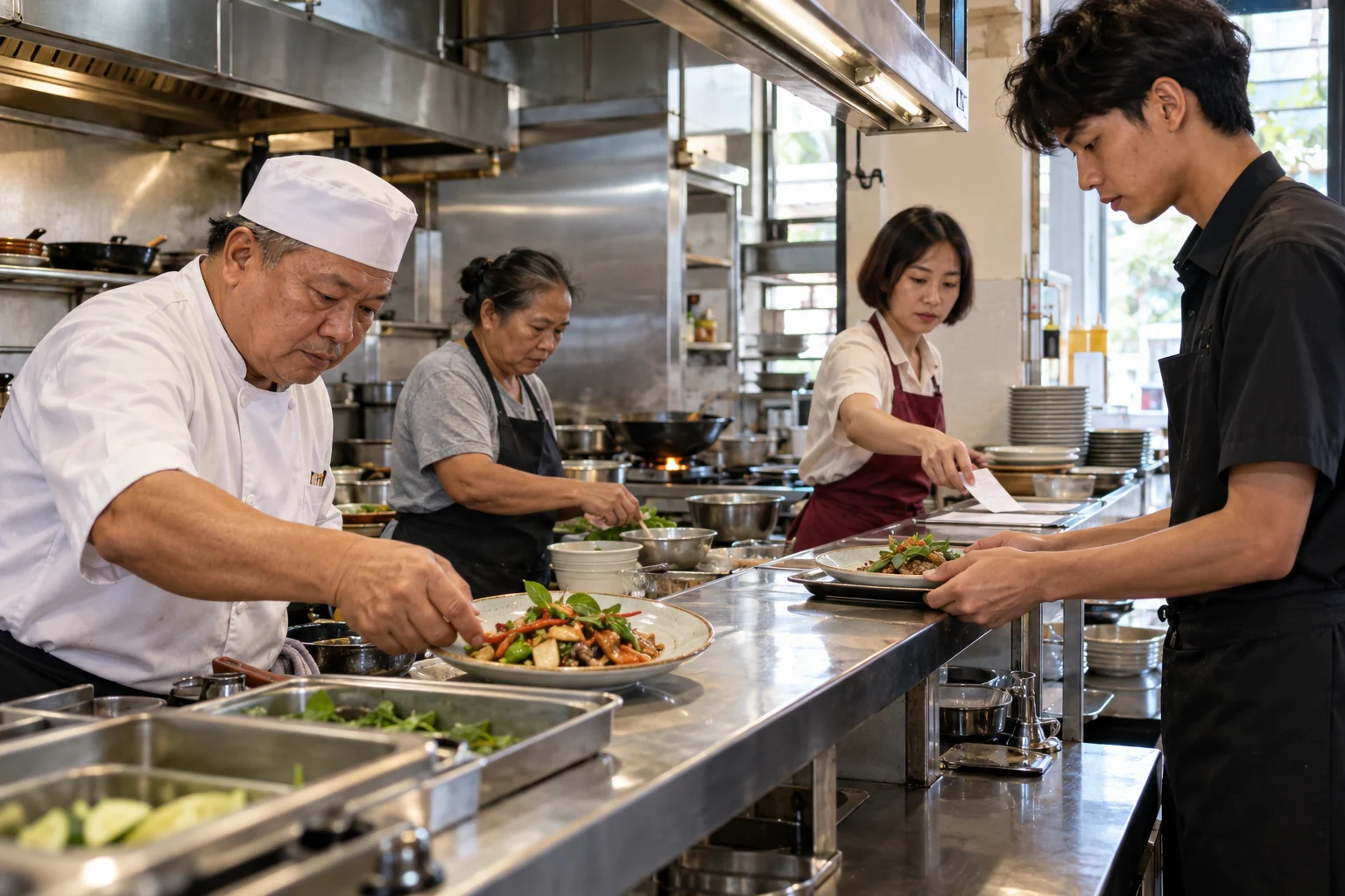 เชฟ ทีมครัว และพนักงานเสิร์ฟกำลังเตรียมและส่งอาหารในร้าน